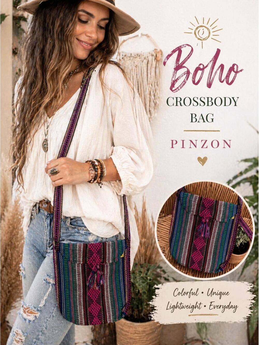 Pinzon Boho Woven Crossbody Bag Multicolor Striped Ethnic Festival Purse